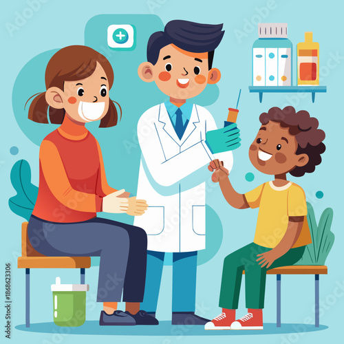 Vaccination. Flat pediatrician kids vaccine. Young doctor, medical check up sick child. Anti flu injection adult and children set