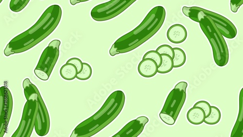 Wallpaper of freshness green zucchini with slices flat cartoon illustration