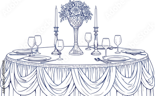 Elegant wedding table setup, floral centerpiece, candlelight decor, wine glasses, formal dining arrangement, black and white illustration, romantic banquet scene