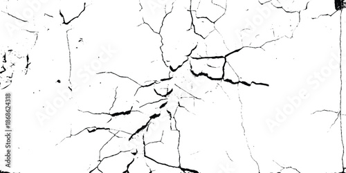 Abstract Grunge Crack Pattern on White Surface. Distressed Plaster Wall with Black Cracks