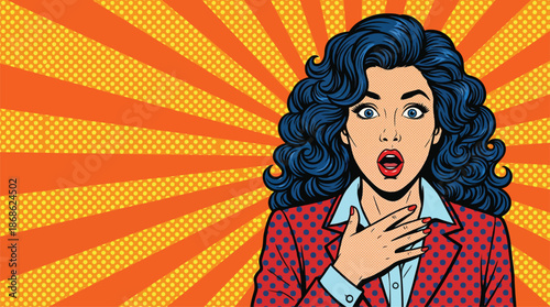 Woman With Blue Hair In Pop Art Style With Orange Sunburst Background shocked surprise