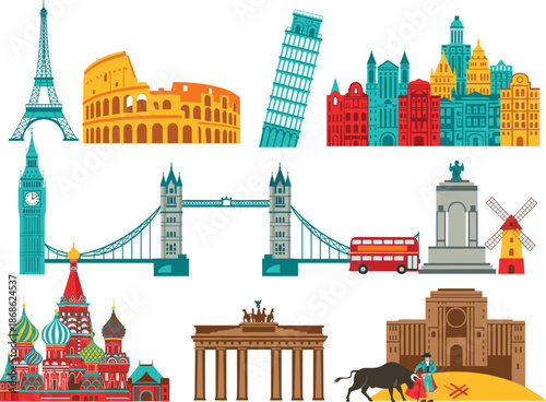 European travel landmarks flat vector set featuring Eiffel Tower Colosseum Leaning Tower of Pisa Big Ben Tower Bridge and Saint Basil Cathedral