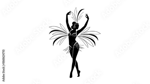 Silhouette of a woman dancing Carnival, stylized costume, minimalist vector design, limited color palette, elegant composition, thin lines, abstract modern illustration, white background