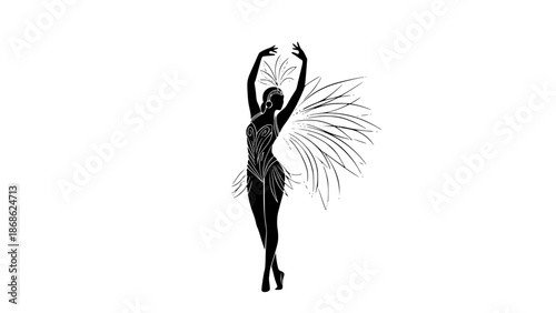 Silhouette of a woman dancing Carnival, stylized costume, minimalist vector design, limited color palette, elegant composition, thin lines, abstract modern illustration, white background