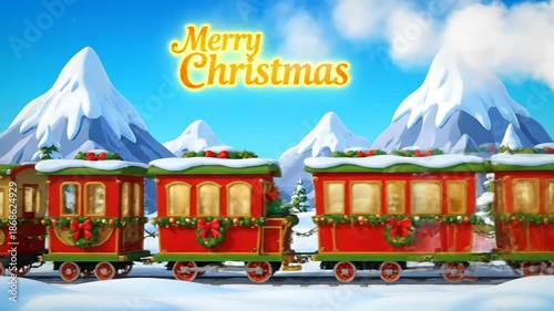 Festive Christmas Train with Decorated Carriages in Snowy Mountain Landscape