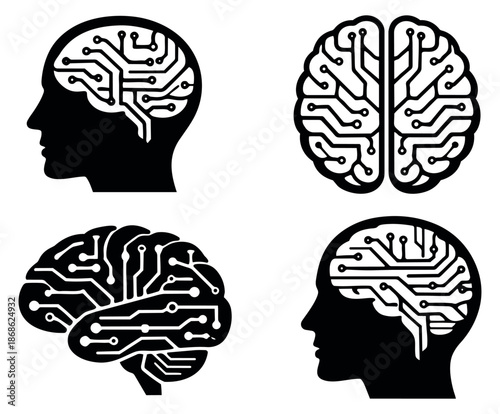 Digital brain concept set featuring human head profiles and anatomical brain shapes with integrated circuit patterns for artificial intelligence and neuroscience