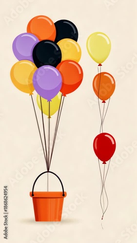 Vibrant balloons ascending in orange bucket with escaping red balloon