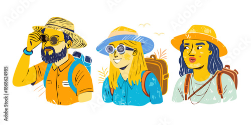 Portraits of world travelers in a messy, artistic doodle style. Characters wearing sun hats, backpacks, and binoculars. Earthy tones mixed with bright pops of yellow and blue. Hand-painted feel.