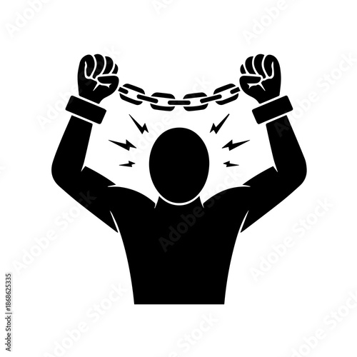 Symbol of Enslavement: A stark silhouette of a figure, arms raised and shackled, symbolizing captivity and the struggle for freedom.