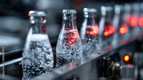 Rows of transparent glass bottles with sparkling liquid move along a production line, illuminated by soft red and blue lights. Carbonated bubbles are visible inside each bottle