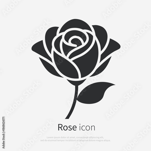 Rose icon silhouette front view. Vector logo of a elegant rose.Symbolizing love, beauty, romance and celebration.Illustration isolated on white background.