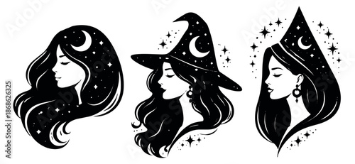 Mystical silhouette women profiles set featuring celestial moons, stars, and a witch hat for spiritual and magical branding