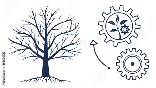 Nature's Renewal Cycle: Dead Tree and Growth Stages Infographic,  An infographic illustration showing a large bare tree,