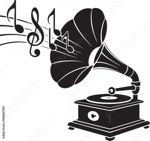 Vintage gramophone playing music with sound waves and musical notes coming out of its horn, symbolizing classic audio technology and nostalgia for old music listening experiences.