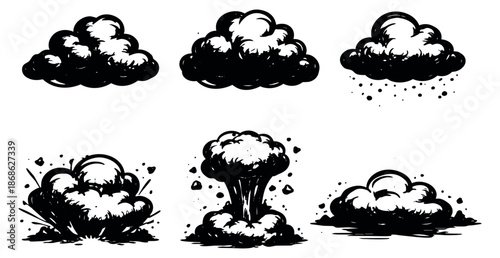Hand drawn comic style cloud and explosion set featuring various smoke effects and a mushroom cloud for graphic design