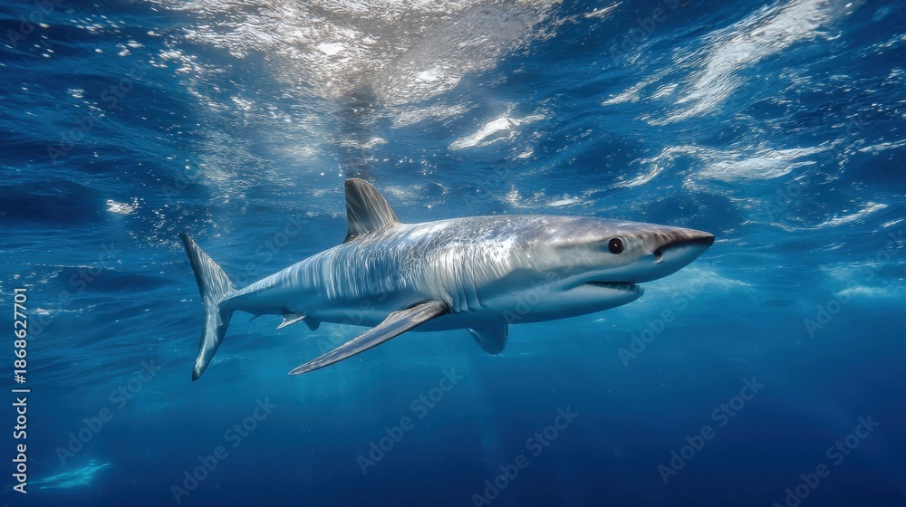 Obraz premium Graceful blue shark swimming underwater in clear ocean waters.