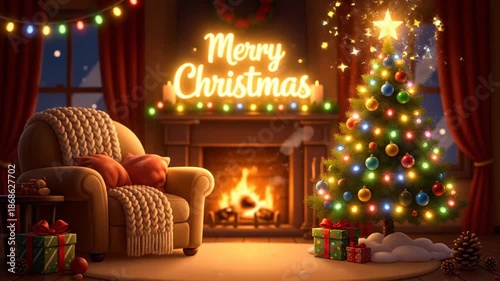 Cozy Christmas Living Room with Decorated Tree, Fireplace, and Gifts by Window