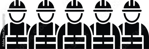 Construction Workers Team Silhouette Icon – Group of Industrial Laborers Wearing Safety Helmets in Solid Black Minimal Design