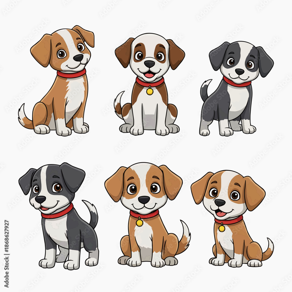 Fototapeta premium Cute Puppy Cartoon Characters Set with Red Collars and Tags