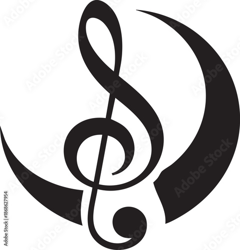 Black treble clef intertwined with a crescent moon shape forming a distinctive musical symbol on a white background showcasing a creative blend of music and art in a simple yet effective design.