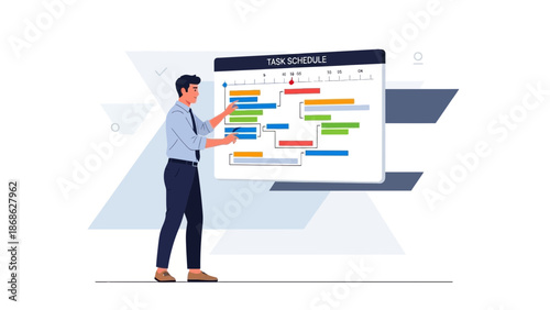 Businessman planning tasks on a digital project schedule board