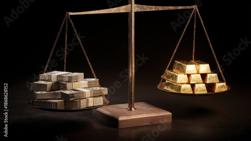 Gold Bars and Money on a Balance Scale