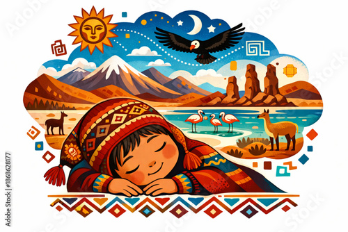 Dreaming Chilean Child with Northern Desert Symbolic Vector Landscape