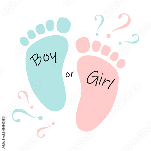 Baby foot blue and pink footprints with a question marks. Baby gender reveal party design element. Vector icon illustration.