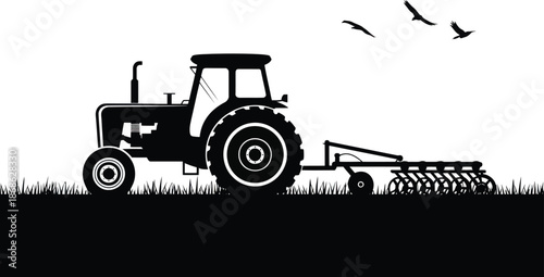 Farm Tractor Silhouette Illustration – Agricultural Tractor with Plow Working in Field with Birds in Rural Landscape Design
