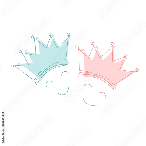 Gender Party Pink and Blue Baby Crowns. Twins concept, Boy or Girl Reveal Baby Shower, He or She icon. Vector isolated illustration.
