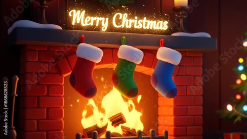 Merry Christmas Stockings Hanging on Fireplace with Warm Fire and Festive Decorations