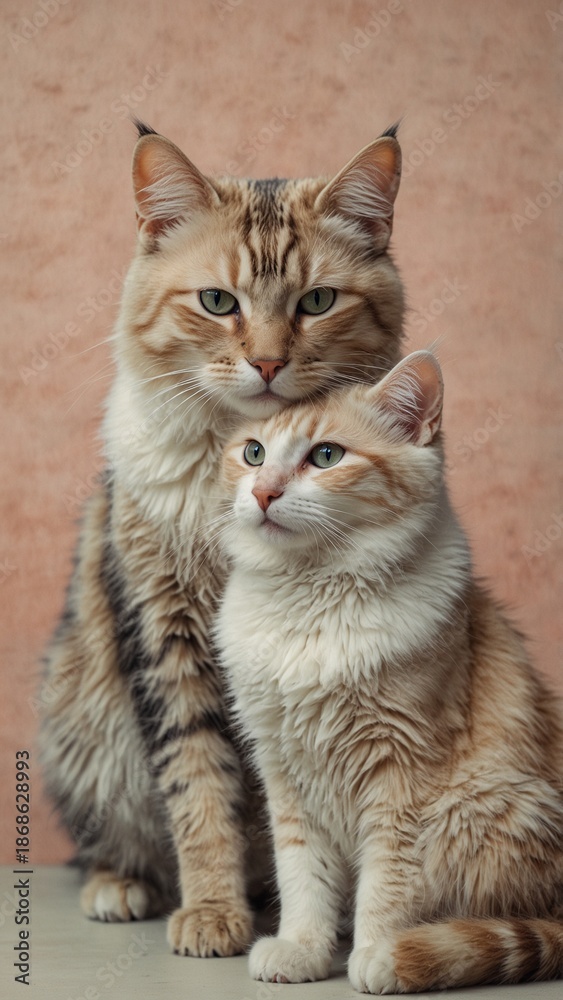 Obraz premium Two fluffy cats sitting together against pink background