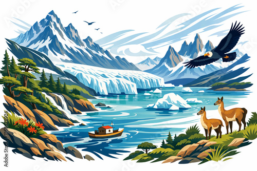 Vector Illustration of Southern Chile and Patagonia with Glaciers, Forests and Water