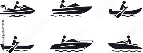 Water Sports and Boating Silhouette Icon Set – Jet Ski, Motorboat and Kayak Activities on Water in Black Minimal Design