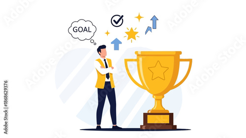 Businessman with Trophy, Thinking About Goal Achievement and Success