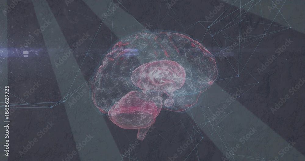 Obraz premium Projecting translucent holographic brain floating over dark textured plane, showing network nodes