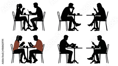 Silhouetted People at Cafe Using Digital Devices