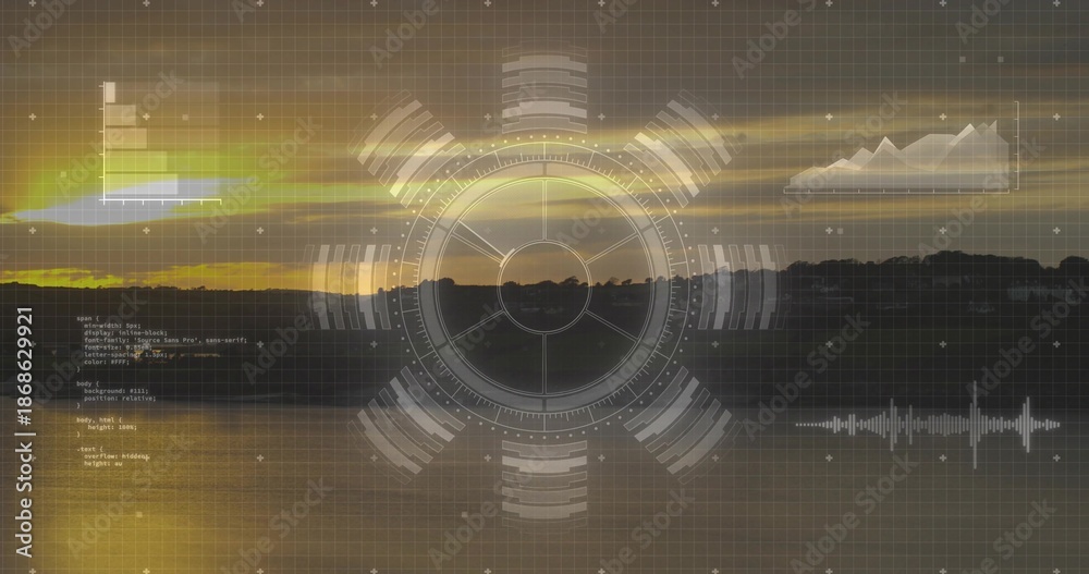 Fototapeta premium Displaying central HUD reticle covering lake sunset, showing grid, charts, treeline, lensflare