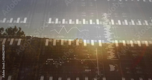 Displaying treeline and low hills at sunset in valley, overlaying translucent charts, 2005 2018 © vectorfusionart