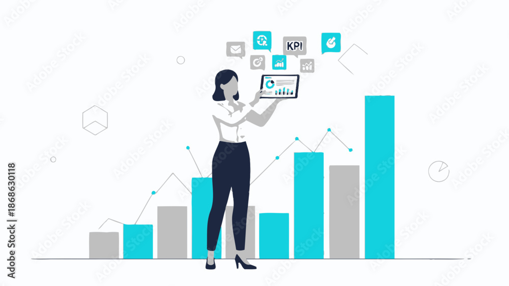 Fototapeta premium Businesswoman holding tablet with KPI graph and analytics icons, data visualization concept