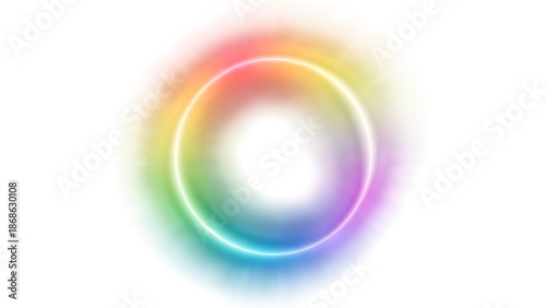 Photos Vibrant rainbow colored neon circle glowing on black background