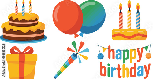 Bright and cheerful objects for a birthday celebration including a cake, balloons, and festive greetings