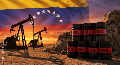 Venezuela oil industry with oil barrels and oil pumps against a sunset backdrop