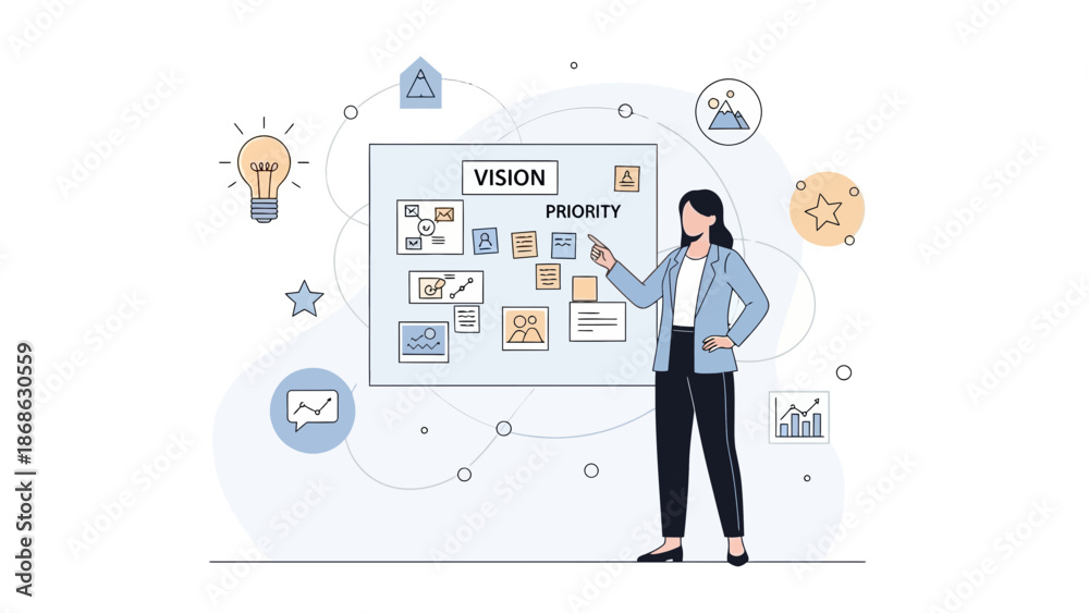 Fototapeta premium Businesswoman planning vision and priorities on a whiteboard with sticky notes