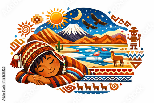 Dreaming Chilean Child with Northern Desert Symbolic Vector Landscape