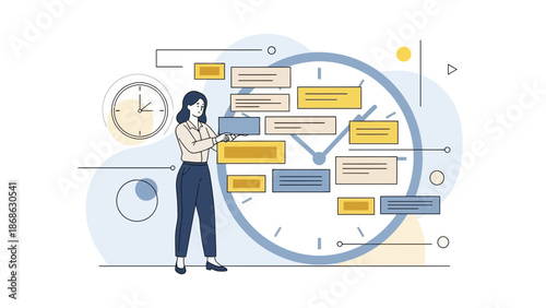 Businesswoman planning schedule with clock and task list, time management concept