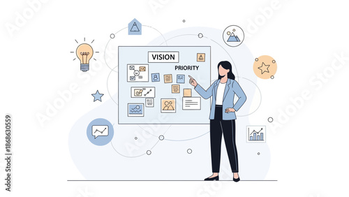 Businesswoman planning vision and priorities on a whiteboard with sticky notes