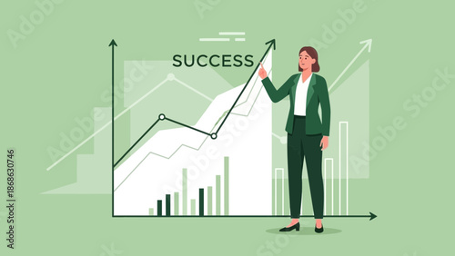 Businesswoman pointing at upward trending graph indicating success and growth