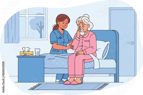 Nurse comforts elderly patient in bed with tissues and thermometer nearby