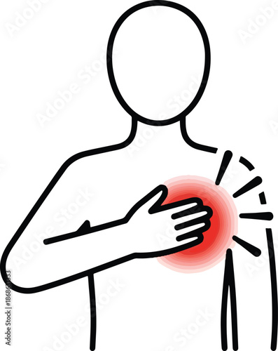 Outline drawing of person clutching chestshoulder area with red pain indicator